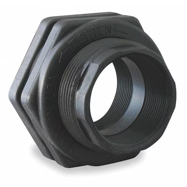 ¾ inch double-threaded polypropylene fitting with a sturdy, cylindrical body. Each end has opposite threads for secure connections, designed in a neutral gray color for easy integration into plumbing systems.