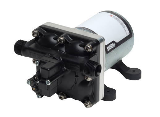 Compact 12VDC water pump with a rectangular body, delivering 3 gallons per minute at 55 psi, featuring an inlet and outlet for easy connection to water systems, typically used for utility applications.