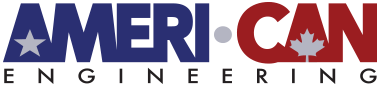 Ameri-Can Engineering Logo in blue and red with a star for the empty space in the first letter A and a Canadian maple leaf for the space in the second letter A in all capital letters.