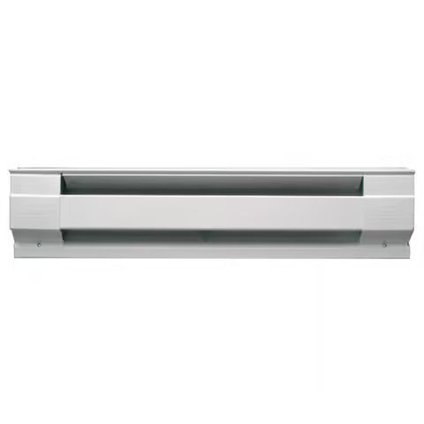 Long white 48-inch baseboard heater with a metal body and vented top section for air circulation. Designed to install along a wall's baseboard, it delivers consistent room heating through horizontal slots.
