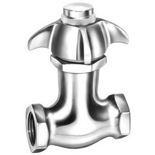 Chrome 0.5-inch FIP self-closing valve with cross-style handle, commonly used for water supply control in plumbing systems.