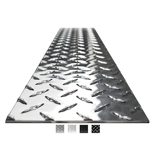 4 x 8-foot aluminum diamond plate sheet with .056 thickness, featuring a raised tread pattern for improved grip and slip resistance. Ideal for industrial floors, trailer walls, and high-traffic commercial surfaces.