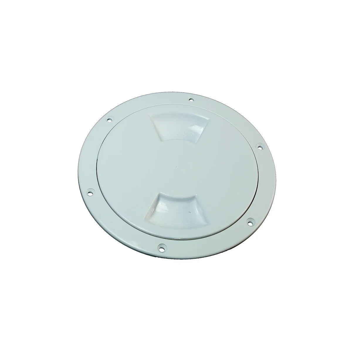 White, circular 5-inch access hatch with a clean, smooth finish. Designed for easy deck access, this hatch blends seamlessly into surrounding surfaces. It is environmentally friendly, with no packaging or fasteners included, suitable for straightforward installation.