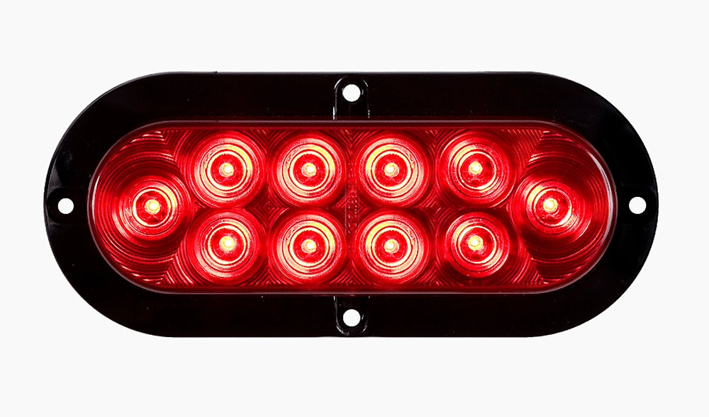 Bright red 6-inch LED stop, tail, and turn light designed for motor vehicles. The light is engineered for long-lasting illumination and is perfect for signaling, offering improved visibility and safety with efficient LED technology.