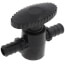 Compact poly stop valve with a 1/2 inch threaded poly fitting on both ends, featuring a smooth, round body with a small lever or knob to control water flow.