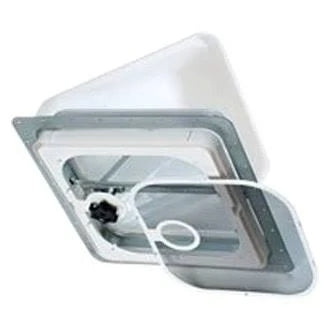 Square white roof vent with a slightly domed plastic lid and a manual crank handle used to open and close the vent. The vent has no fan and relies on passive airflow. It’s designed for installation on the roof of a trailer or RV.