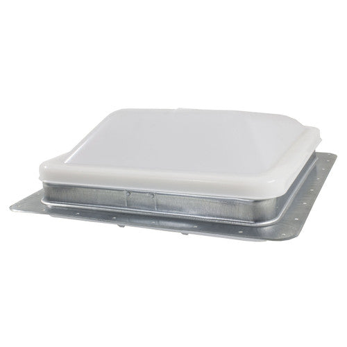 White square roof vent with rounded corners, measuring 14 by 14 inches. It features a raised dome-style cover, a galvanized metal mounting flange, and a built-in 12-volt electric fan for airflow. The vent includes a removable screen inside to block debris and insects.