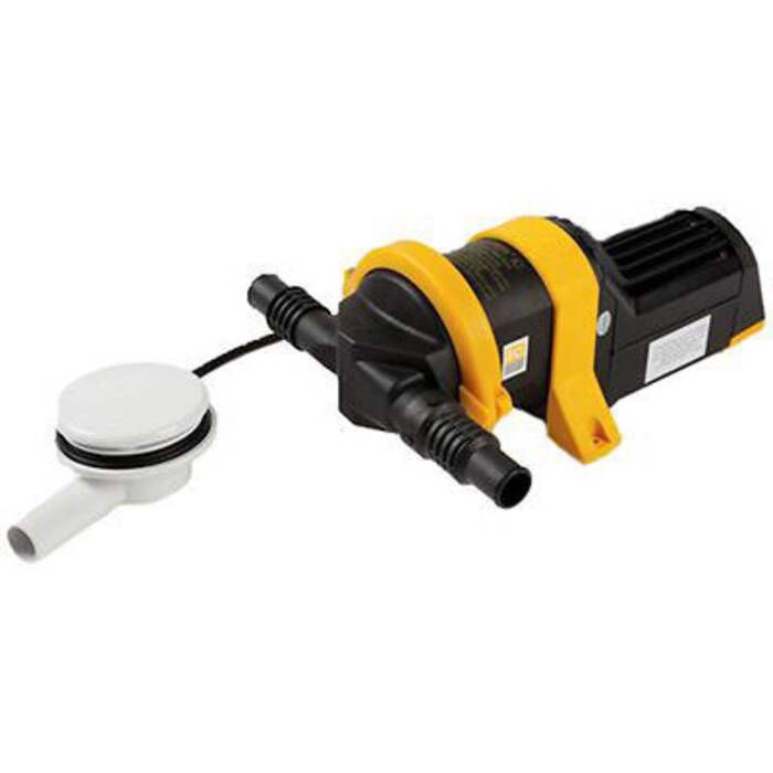 Marine pump with a robust cylindrical body and a unique drainage design, featuring a compact motor and hoses for efficient pumping, typically used in boating applications to handle water drainage.