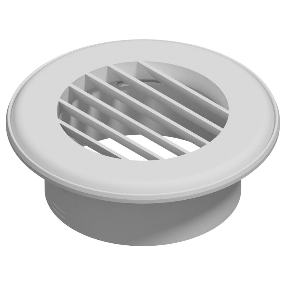 White 4-inch round plastic air vent grille with radial slats and a clean, low-profile design. Designed for Thermovent ducted heat systems, it fits flush against walls or ceilings to facilitate airflow while blending into most interiors.