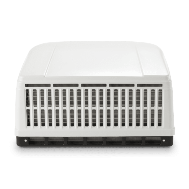 White rooftop air conditioning unit with integrated heat pump, part of the Brisk II series. Features a streamlined, rectangular body with top air vents, designed to provide 15,000 BTUs of cooling and supplemental heating for RVs and mobile setups.