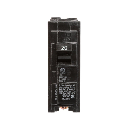 SIE Q120 20A single pole circuit breaker designed for 120V systems. Offers reliable overcurrent protection with a 10K rating, ideal for residential or light commercial electrical panels. Compact and secure for peace of mind.
