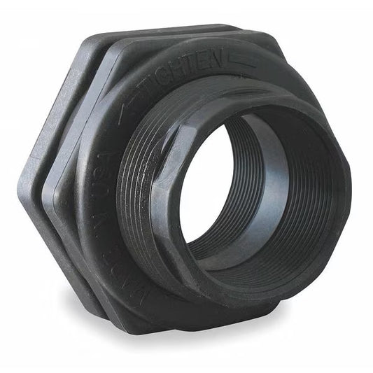 ¾ inch double-threaded polypropylene fitting with a sturdy, cylindrical body. Each end has opposite threads for secure connections, designed in a neutral gray color for easy integration into plumbing systems.