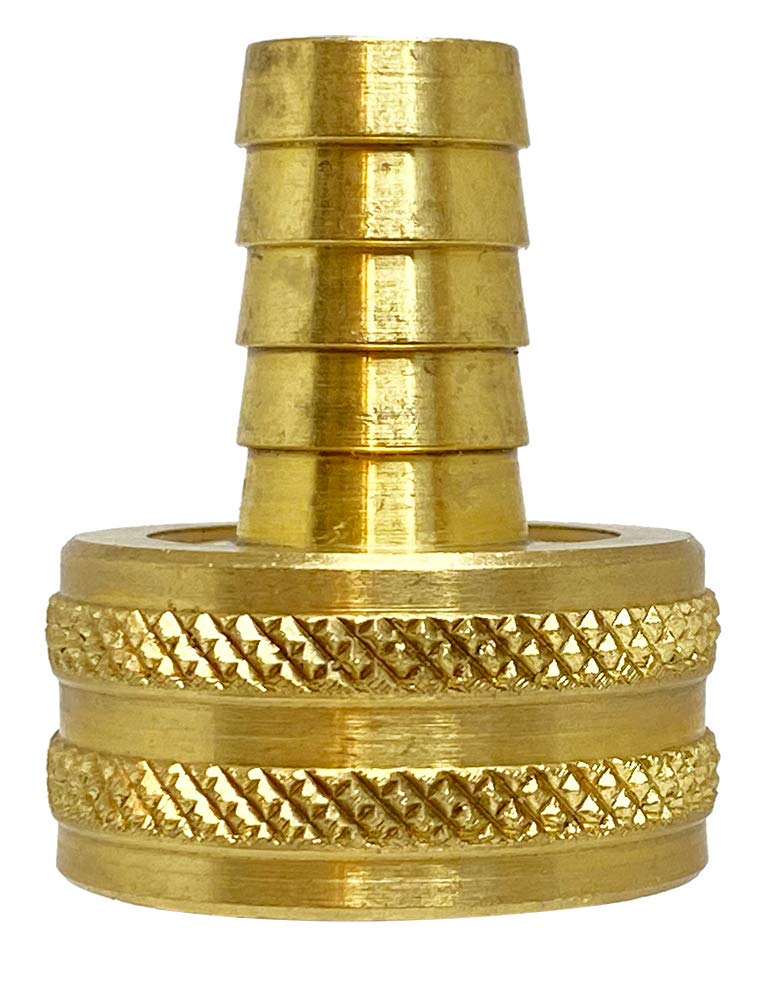 Durable hose adapter with a 5/8-inch hose barb on one end and a 3/4-inch female hose connection on the other. Features textured surfaces for a secure, leak-proof connection between hoses, designed for industrial-grade applications.