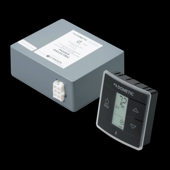 Sleek black digital thermostat unit with rectangular shape, small screen display, and control buttons. Comes with a matching control kit for streamlined HVAC integration and easy temperature adjustments.