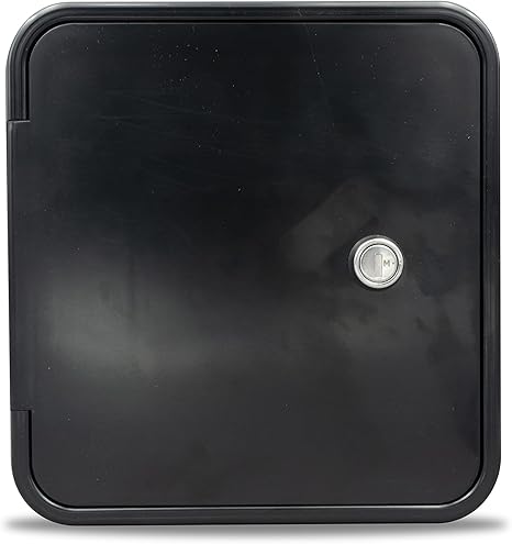 All-purpose black exterior door hatch cover made of durable plastic with integrated cord access. Built for RVs, trailers, or exterior utility compartments needing sleek protection and access points.