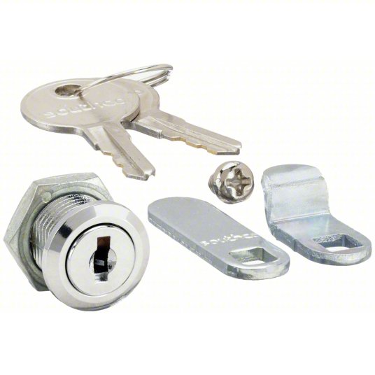 A compact, cylindrical lock assembly with a shiny metallic finish and a small keyhole, designed for securing cabinets with a set of matching keys.