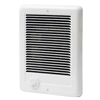 Compact white wall-mount heater with a minimalist grille featuring horizontal vents and an integrated round thermostat dial. Designed for recessed installation without a wall can, it offers a streamlined heating solution.