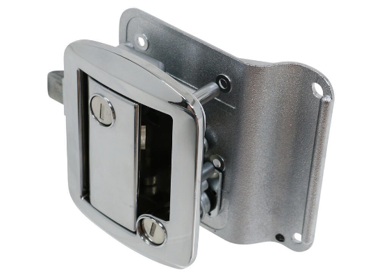 Chrome slam lock for equipment room or trailer doors, offering secure and flush installation. Features a heavy-duty locking mechanism for easy, tamper-resistant access control.
