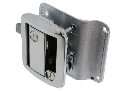 Chrome slam lock for equipment room or trailer doors, offering secure and flush installation. Features a heavy-duty locking mechanism for easy, tamper-resistant access control.