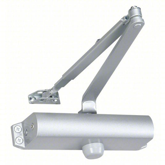 A sleek, cylindrical door closer with a matte aluminum finish, featuring a simple, functional design for both residential and commercial use.