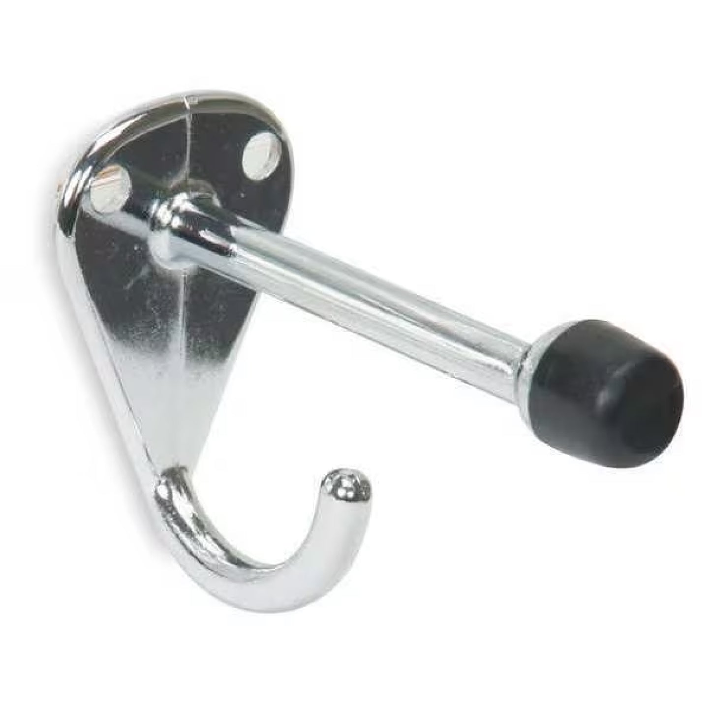 A dual-purpose, wall-mounted hook made of sleek metal, with a rounded bump guard at the base, designed to hold coats and protect walls from scuffs.