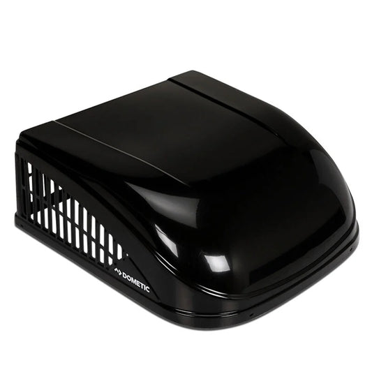 Durable black plastic replacement shroud for Brisk II air conditioning units. Features aerodynamic curves and vent openings on the sides for optimal airflow and cooling performance in outdoor or rooftop applications.