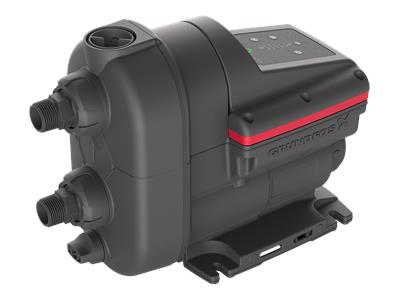 Compact 115-volt water booster pump with a sleek, cylindrical body, designed to increase water pressure by 30%. It features inlet and outlet ports for easy installation, ideal for residential or commercial applications to ensure consistent water flow.