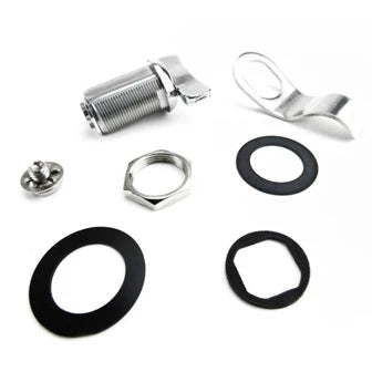 Compact 1 5/8-inch thumb lock cylinder with foam gasket and mounting accessories. Engineered for exterior hatch access, this 301 Series lock provides secure, tamper-resistant closure for RVs, trailers, or utility compartments.
