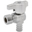 Small chrome angle stop valve with a 1/2 inch PEX insert fitting on one end and a 3/8 inch outer diameter compression fitting on the other end, featuring a rounded body with a quarter-turn handle for easy flow control.