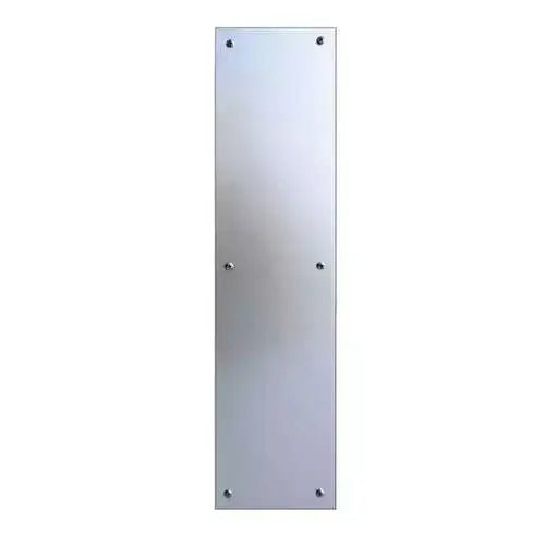 Sleek rectangular push plate measuring 3.5 inches by 15 inches with a brushed US28 finish. Designed to minimize door wear and add a modern, protective surface for pushing doors open in commercial or residential spaces.