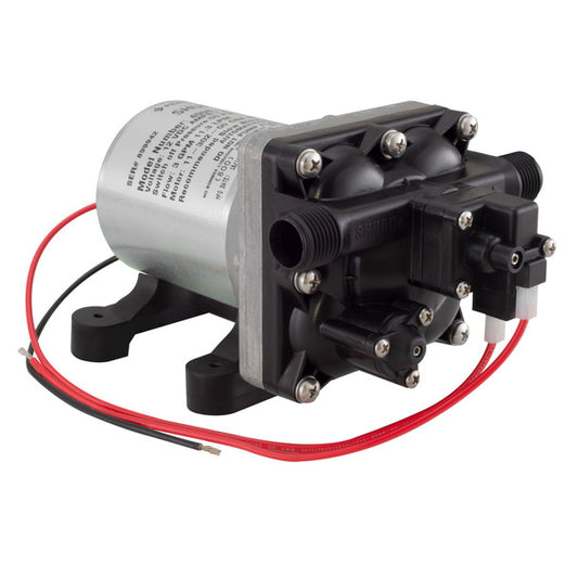 Compact grey water pump with a cylindrical body and a 12V design, featuring inlet and outlet ports, designed for marine and RV applications to efficiently handle grey water with durable, reliable construction.