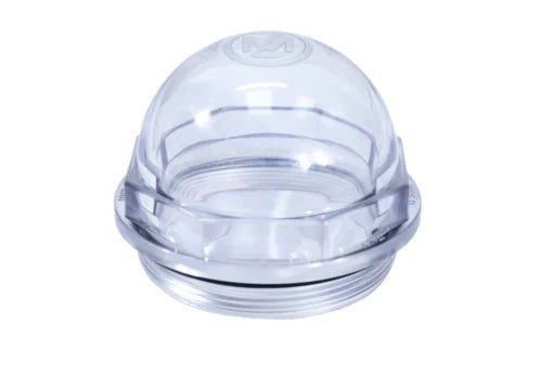 Transparent plastic sight glass with a 3-inch diameter, featuring a circular, flat lens that allows visibility of liquid levels. Comes with a black rubber O-ring around the edge for a tight, secure seal.