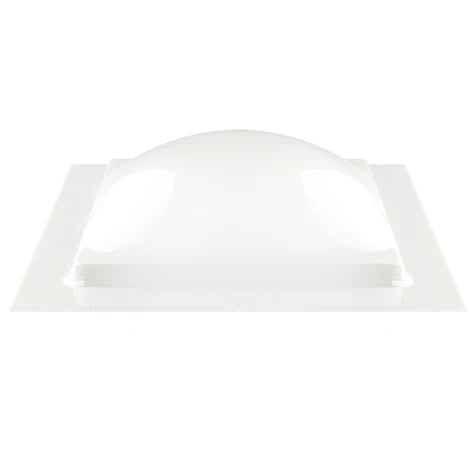 Square, dome-shaped skylight made of clear or translucent plastic, measuring 14 by 14 inches. Designed for roof installation, the dome is slightly raised to allow natural light into the interior space while providing basic ventilation through small built-in vents.