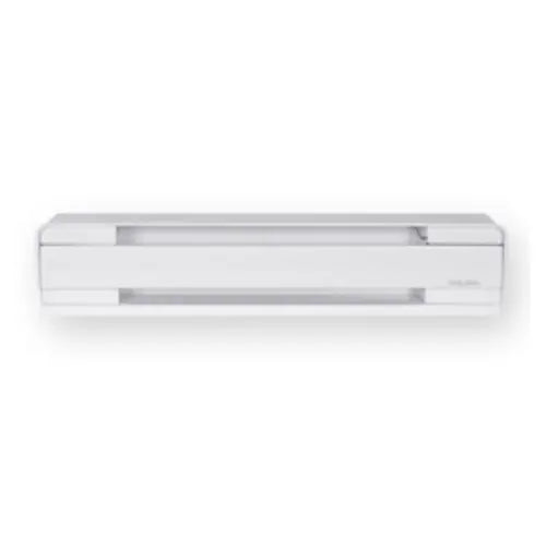 White 48-inch Stelpro baseboard heater with slim rectangular housing and top vent openings for even heat distribution. Designed for installation along the base of a wall, suitable for residential room heating.