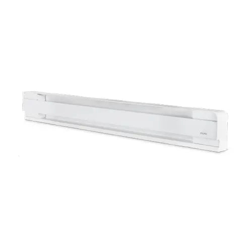 Compact 24-inch white baseboard heater with metal housing and horizontal top vents for heat dispersion. Ideal for small spaces, this slim unit provides gentle, consistent warmth at 300 watts.