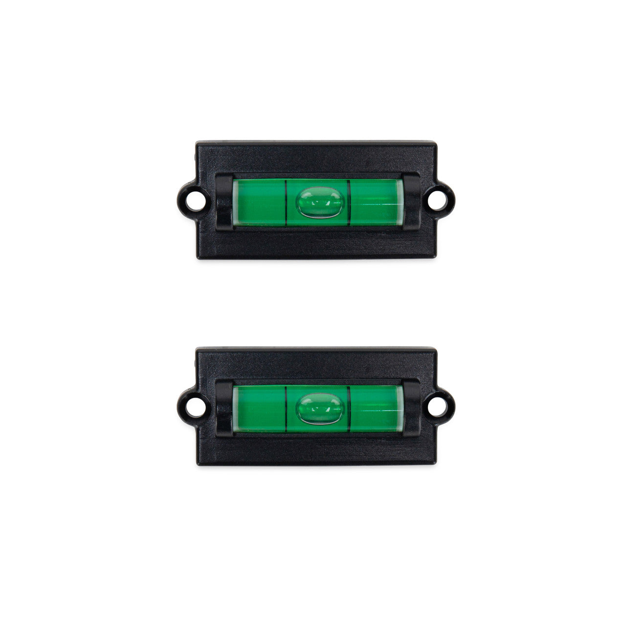 Two small, rectangular, clear plastic bubble levels with black markings and a visible liquid-filled vial, designed for sticking to surfaces.