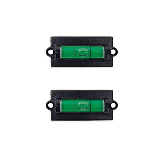 Two small, rectangular, clear plastic bubble levels with black markings and a visible liquid-filled vial, designed for sticking to surfaces.
