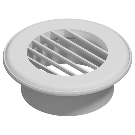 White 4-inch round plastic air vent grille with radial slats and a clean, low-profile design. Designed for Thermovent ducted heat systems, it fits flush against walls or ceilings to facilitate airflow while blending into most interiors.