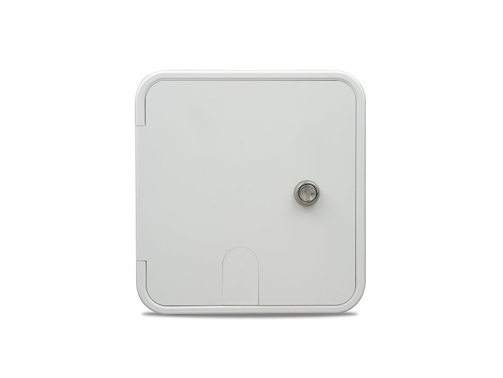 White exterior hatch cover with all-purpose design, constructed from durable plastic for reliable weather protection and utility access. Includes cord access slot for added functionality in RVs or trailers.