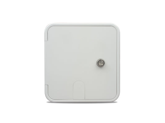White exterior hatch cover with all-purpose design, constructed from durable plastic for reliable weather protection and utility access. Includes cord access slot for added functionality in RVs or trailers.